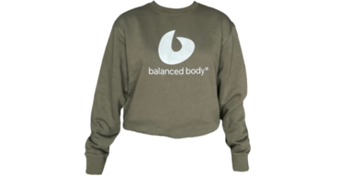 Balanced Body olive sweatshirt, modern cut, cotton blend.