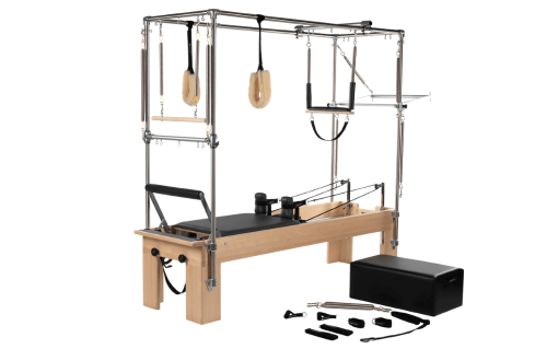 Аксессуары для реформера: сиденье-бокс и другое Набор аксессуаров для реформера Пилатеса с сиденьем-боксом, петлями и манжетами.