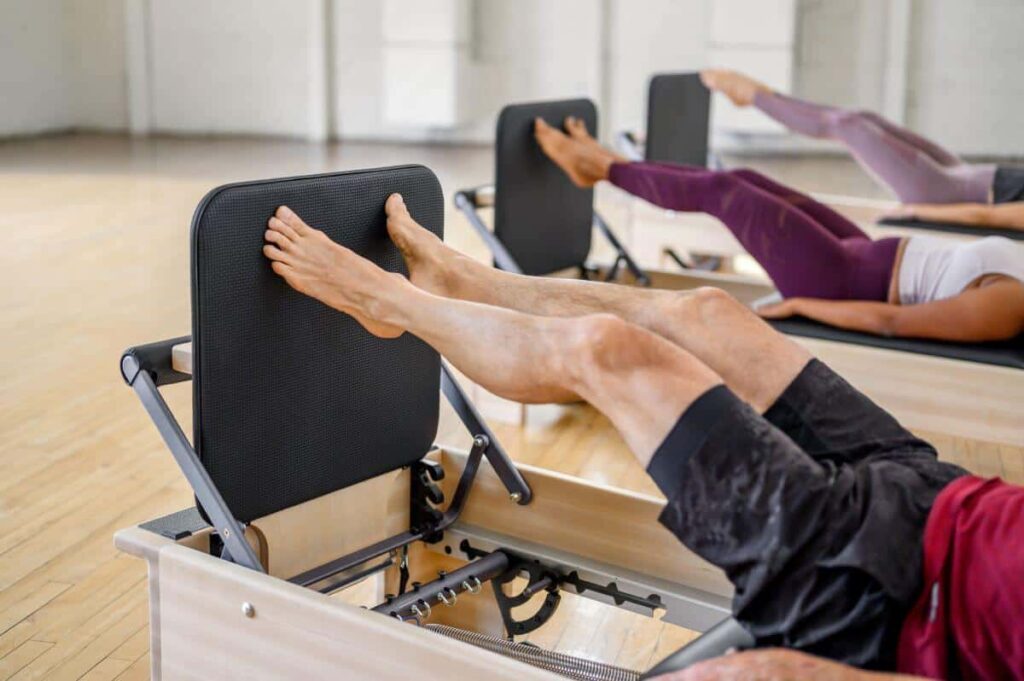Studio Reformer with Jumpboard used for Pilates exercises.